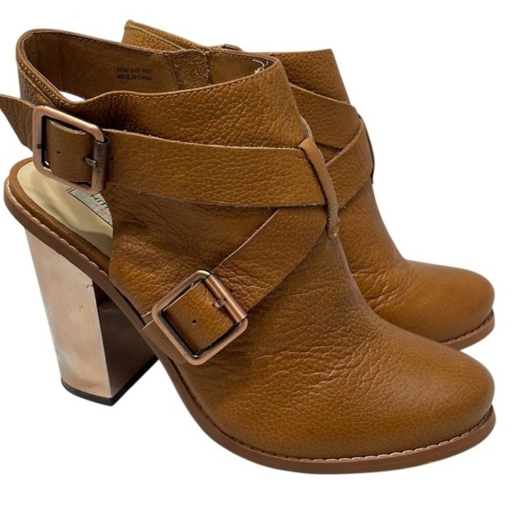 Chinese Laundry Booties Women 9 Tan Leather Remy Cavallali Rose Gold Heel